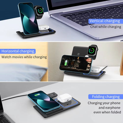 Foldable Portable 3-In-1 Wireless Phone Charging Stand 15W 10W Wireless Charger for Mobile Phone Smart Watch Earphones