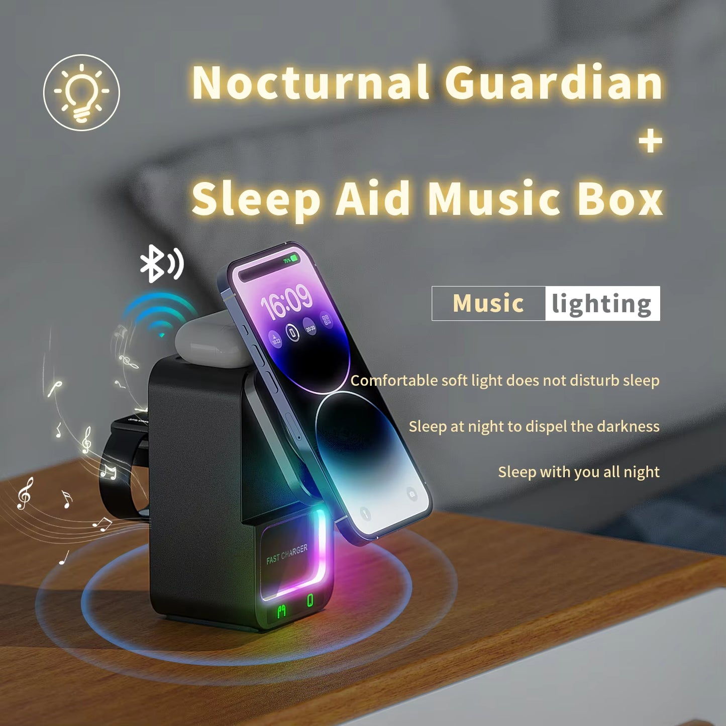 5 in 1 Wireless Charger Strong Magnet Five in One Sleep Aid Music Box BT Speaker Wireless Charger with RGB Lights