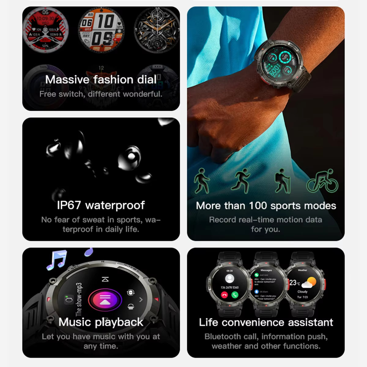 1.43 Inch TFT Full Touch Display Sports Smart Watch Multiple Sports Modes Digital Fashion GS100 Powerful Flashlight Smart Watch