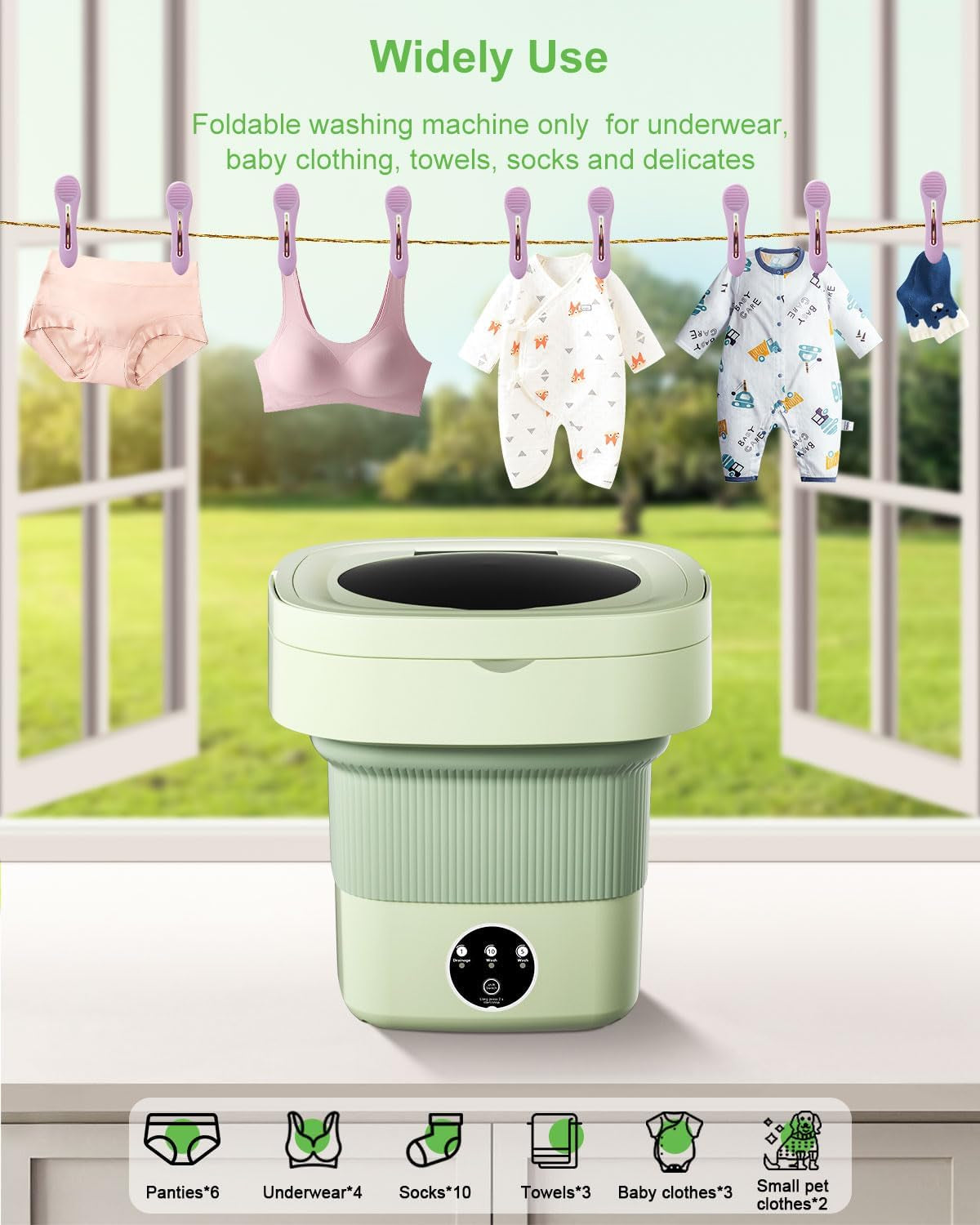 Portable Washing Machine, 9L Mini Laundry Washer with 3 Modes Cleaning for Underwear, Baby Clothes, Sock, Small Delicates. Foldable Washer and Dryer Combo for Apartment, Home, Hotel, Camping,Rv(Green)