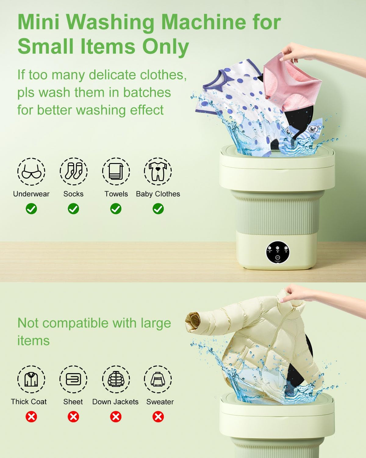 Portable Washing Machine, 9L Mini Laundry Washer with 3 Modes Cleaning for Underwear, Baby Clothes, Sock, Small Delicates. Foldable Washer and Dryer Combo for Apartment, Home, Hotel, Camping,Rv(Green)