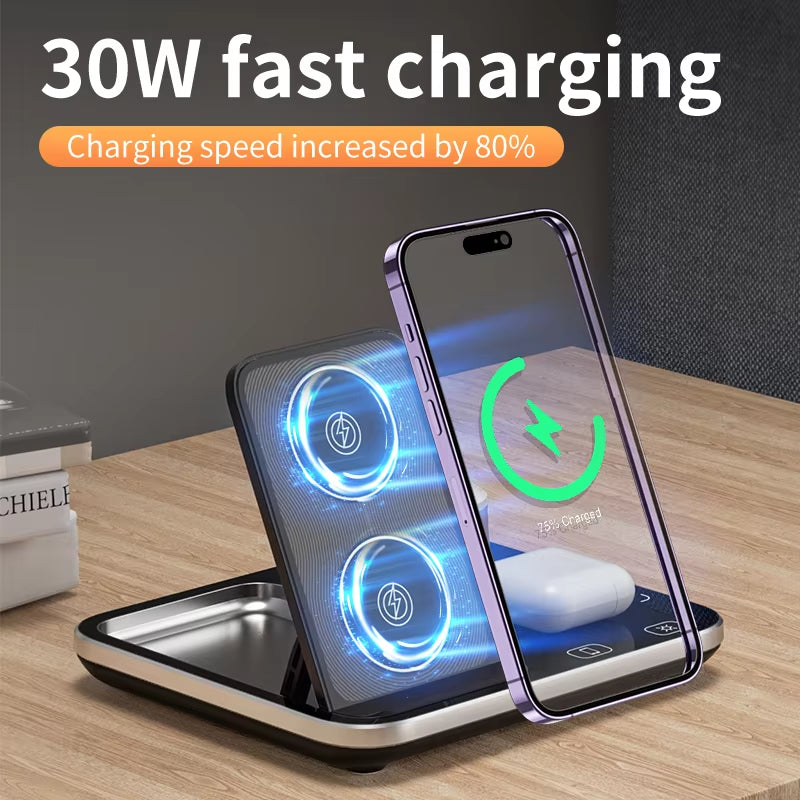 Magnetic Stand up Station Desktop Foldable 15W 10W Fast Qi Led Light 3 in 1 for Iphone Wireless Charger