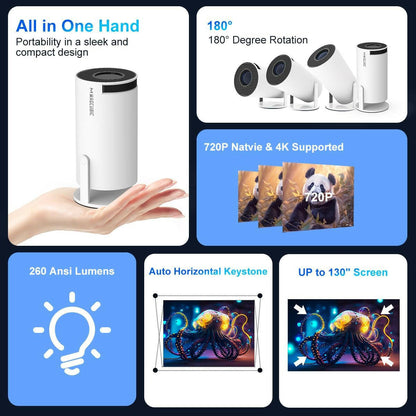 Auto Keystone Mini Portable Projector, 4K/260 ANSI Smart Projector with Wifi 6 BT 5.0, Screen Adjustment, 180 Degree Rotation, Home Video Projector Built-In Android 11.0 OS