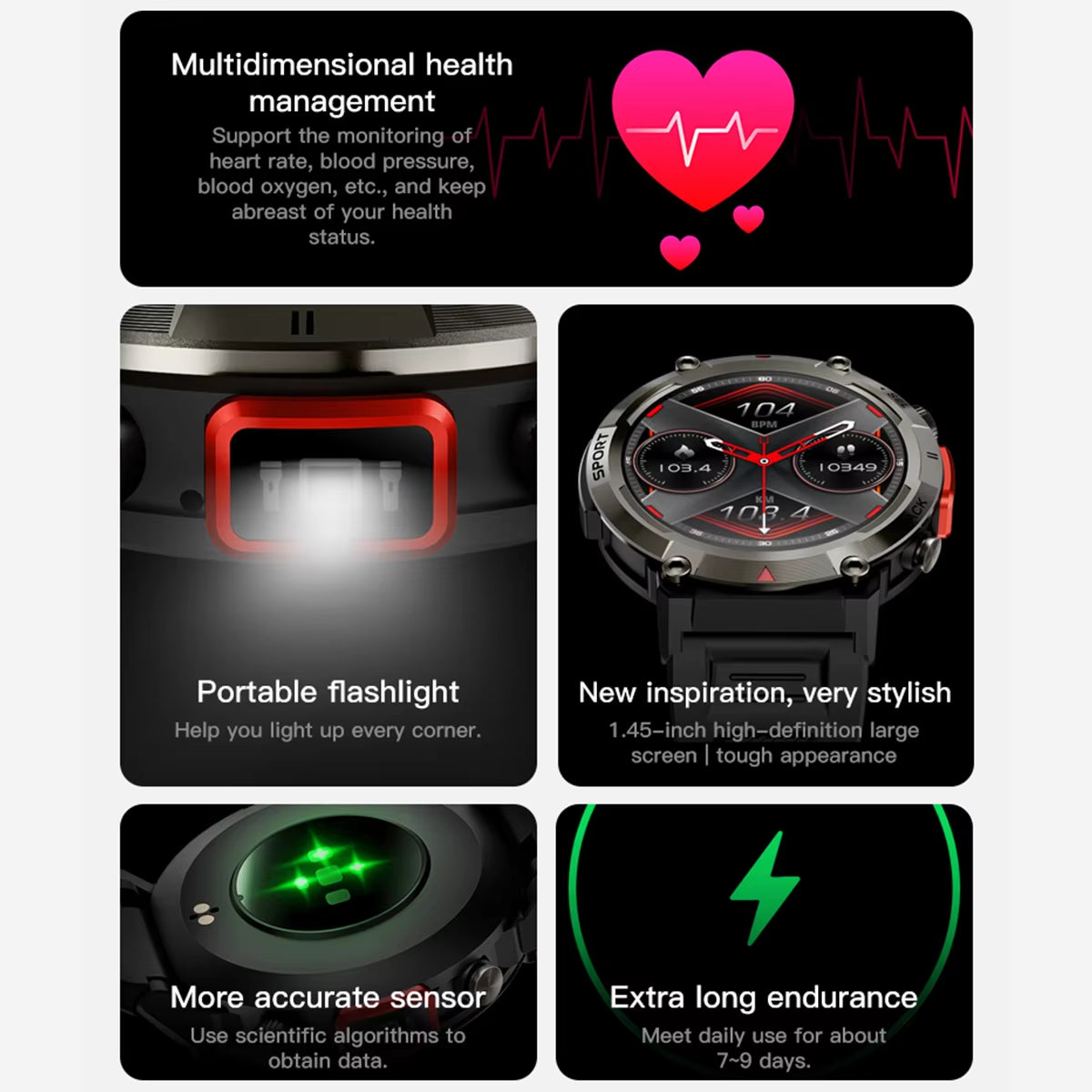 1.43 Inch TFT Full Touch Display Sports Smart Watch Multiple Sports Modes Digital Fashion GS100 Powerful Flashlight Smart Watch