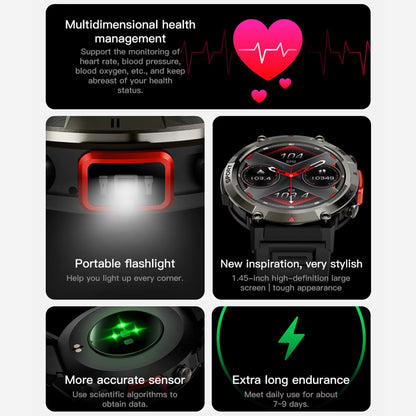 1.43 Inch TFT Full Touch Display Sports Smart Watch Multiple Sports Modes Digital Fashion GS100 Powerful Flashlight Smart Watch