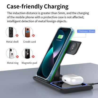 Foldable Portable 3-In-1 Wireless Phone Charging Stand 15W 10W Wireless Charger for Mobile Phone Smart Watch Earphones