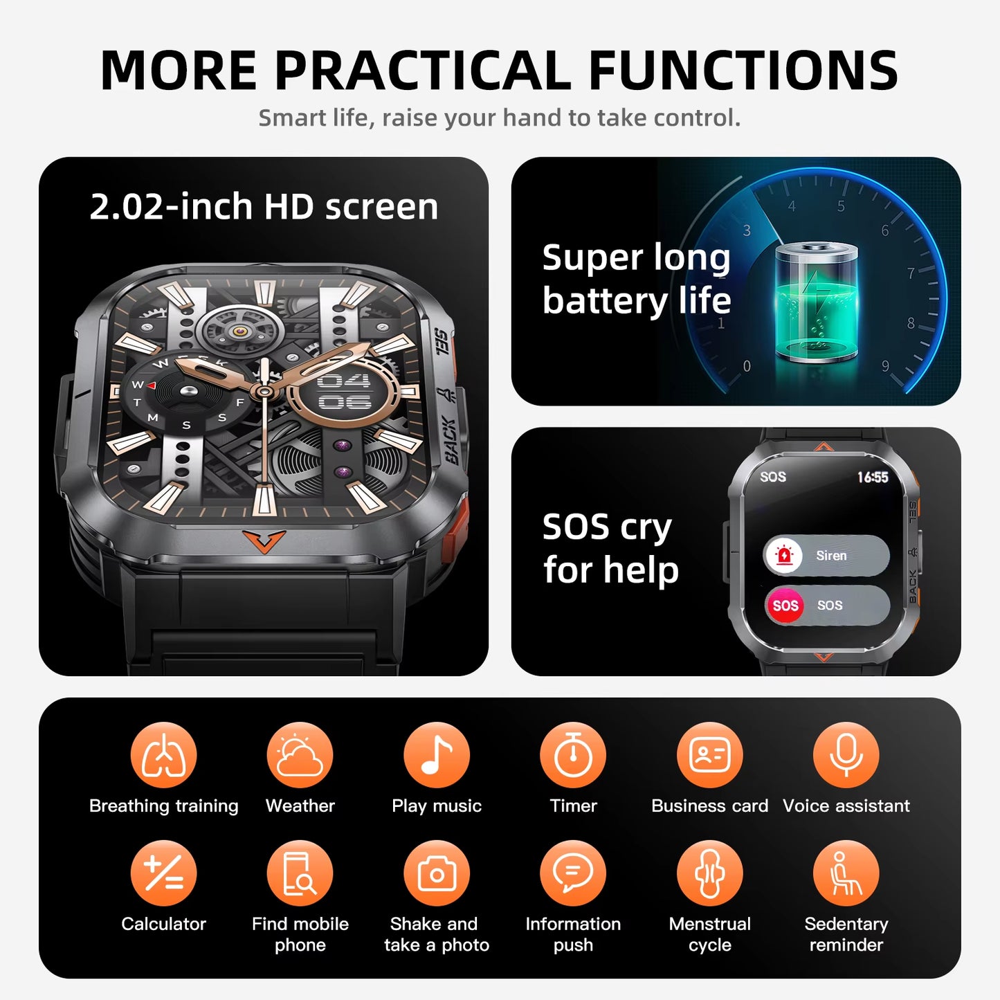 GS50 Outdoor Sports Smart Wearables Strong Light Flashlight Heart Rate Blood Pressure Monitoring APP Control BT5.2 Smart Watch