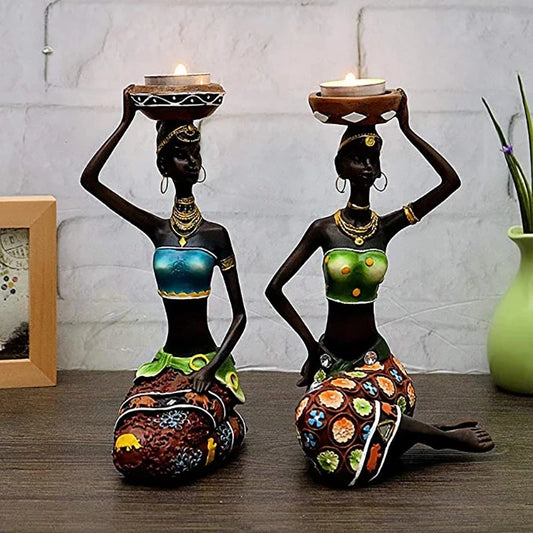 African Women Candle Holders - 8.5" Vintage Resin Candleholder Sculptures for Table & Dining Room Decor