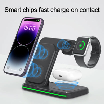 15W 3 in 1 Fast Charging Desktop Foldable Mobile Phone Universal Wireless Charger Stand Holder for Phone Airpod Iwatch