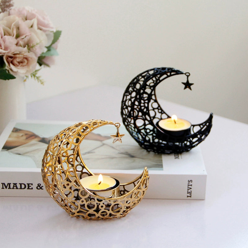 Accessible Luxury Crescent Moon Candlestick - Black & Gold Metal Candle Holder for Modern Weddings & Festive Decor