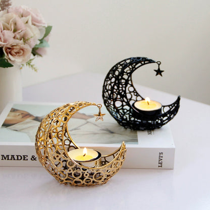 Accessible Luxury Crescent Moon Candlestick - Black & Gold Metal Candle Holder for Modern Weddings & Festive Decor