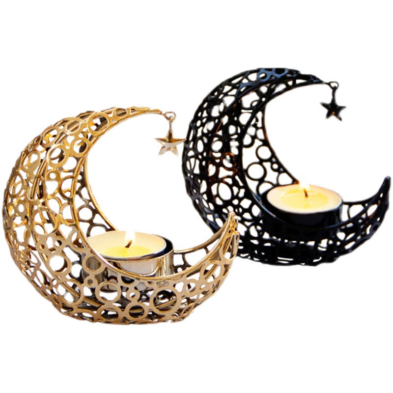 Accessible Luxury Crescent Moon Candlestick - Black & Gold Metal Candle Holder for Modern Weddings & Festive Decor