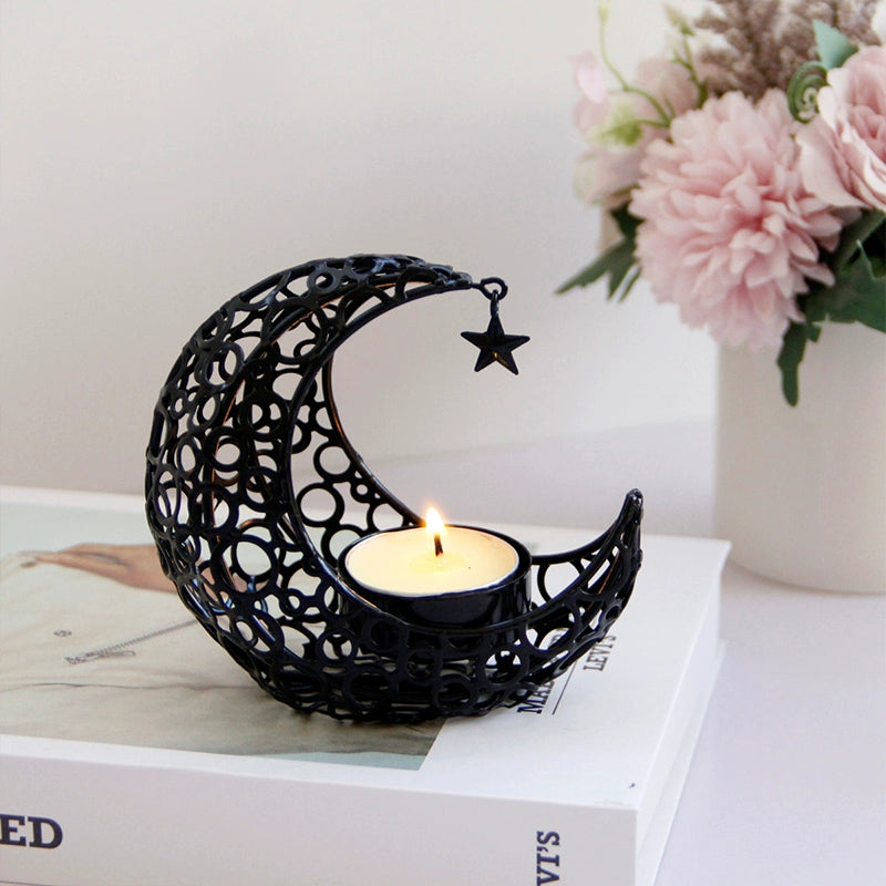 Accessible Luxury Crescent Moon Candlestick - Black & Gold Metal Candle Holder for Modern Weddings & Festive Decor