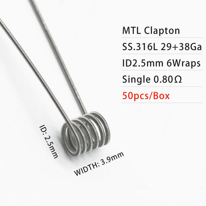 50PCS Premade Coils: Clapton, Fused Clapton, Flat Clapton, Juggernaut & Tiger Resistance Wire - Perfect for Vaping!