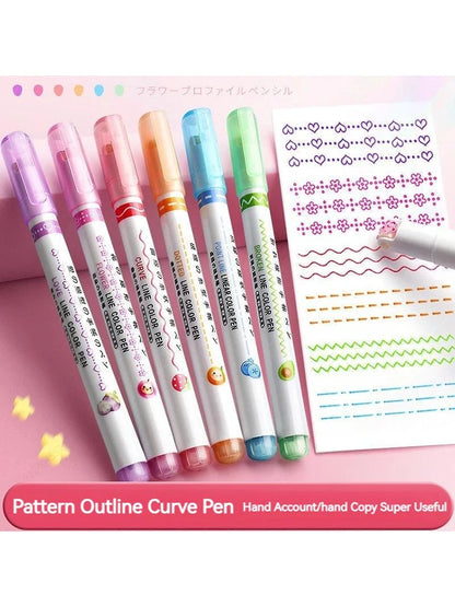 6-Piece Set Flower Line Shape Highlighter Pens | Kawaii Korean Style Roller Tip Markers | Perfect for School, Office & Gifts