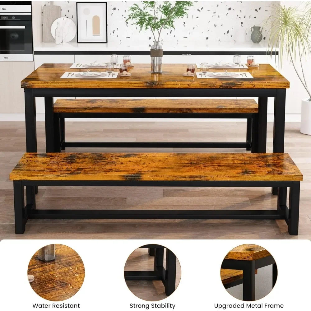 Industrial Brown Dining Table Set | Modern Kitchen Set with 2 Benches | 43.4" Dining Table for Home & Restaurant