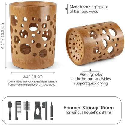 Bamboo Toothbrush Holder & Accessories - Eco-Friendly Circular Organizer for Brushes and Makeup