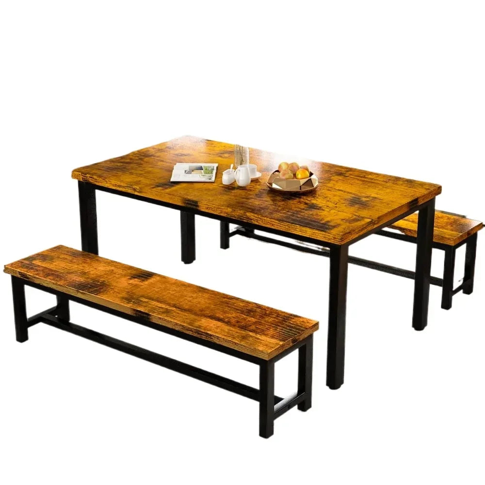 Industrial Brown Dining Table Set | Modern Kitchen Set with 2 Benches | 43.4" Dining Table for Home & Restaurant