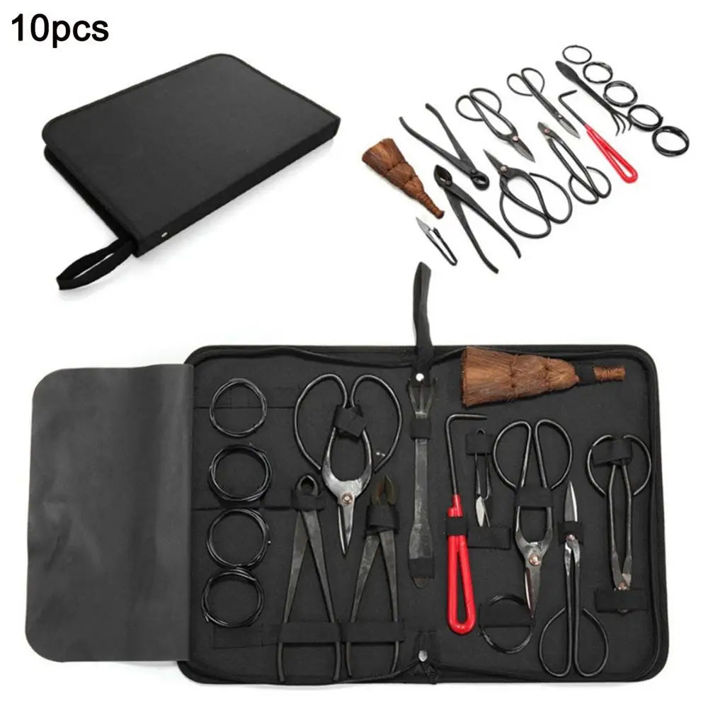 Bonsai Tool Set | Carbon Steel Multifunctional Scissors Kit | Garden Pruning and Styling Tools in Nylon Case | 10 Pieces