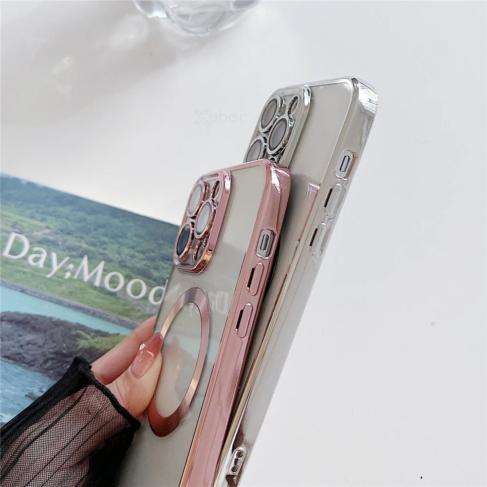 Luxury Plating Clear Magnetic Crossbody Case for iPhone 16 15 14 13 12 11 Pro Max – Lanyard Strap, Shockproof & Wireless Charging Compatible