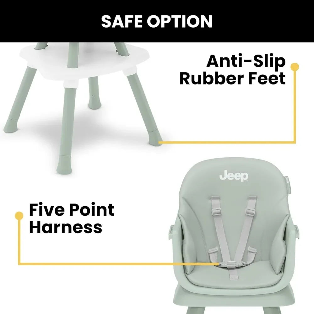 Jeep Milestone 6-in-1 High Chair by Delta Children | Converts to Stool, Booster Seat, Toddler Chair, and Activity Table | Modern Dining Room Furniture