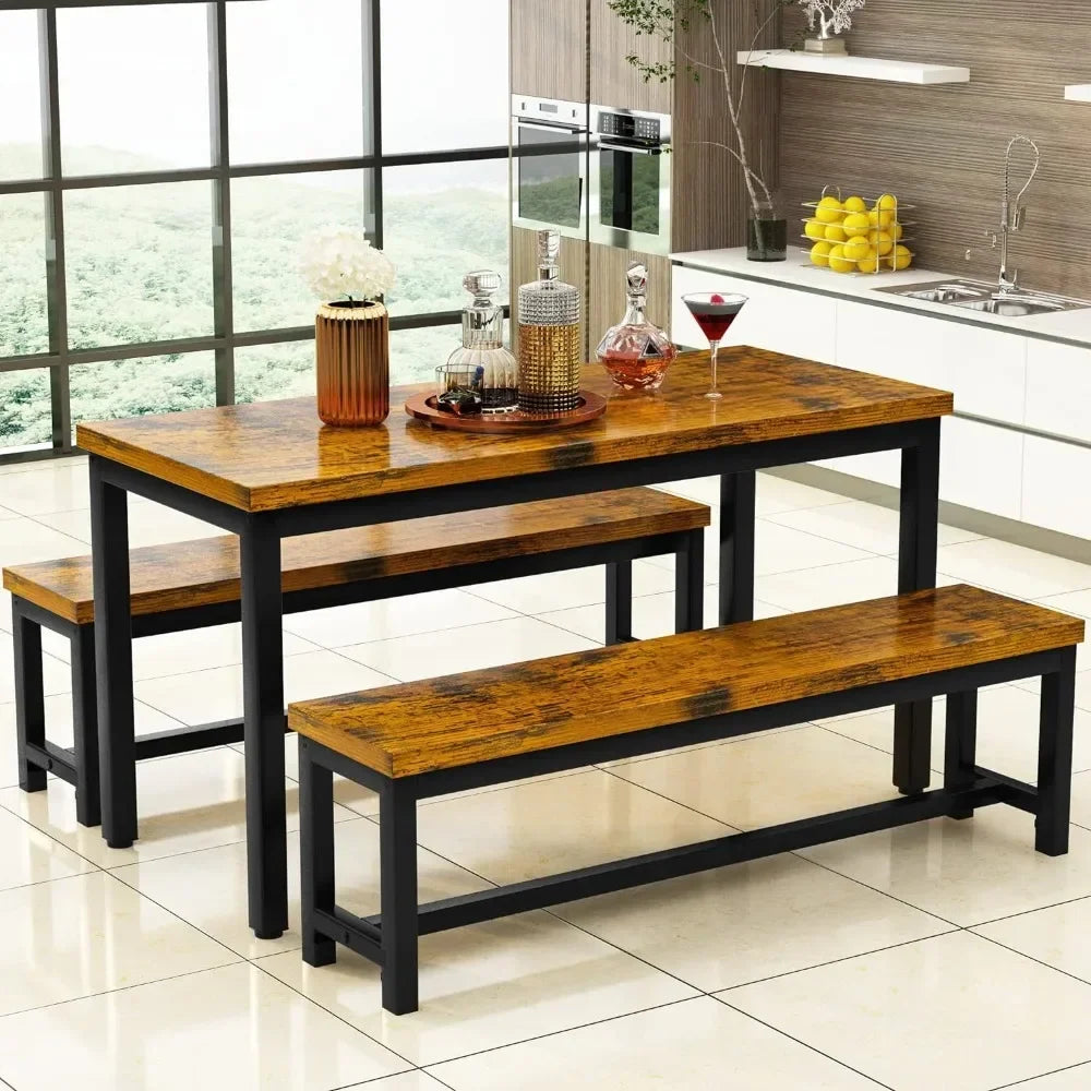 Industrial Brown Dining Table Set | Modern Kitchen Set with 2 Benches | 43.4" Dining Table for Home & Restaurant