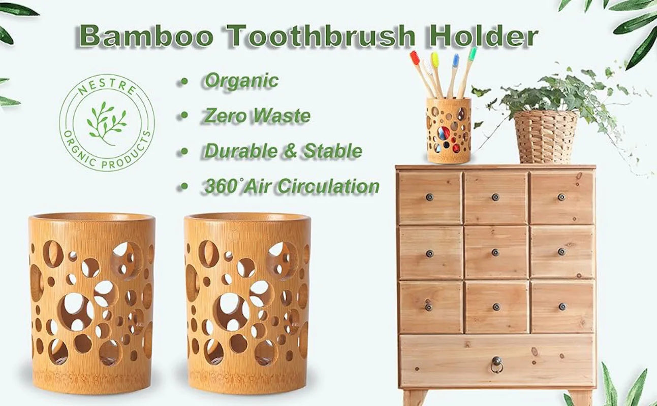 Bamboo Toothbrush Holder & Accessories - Eco-Friendly Circular Organizer for Brushes and Makeup