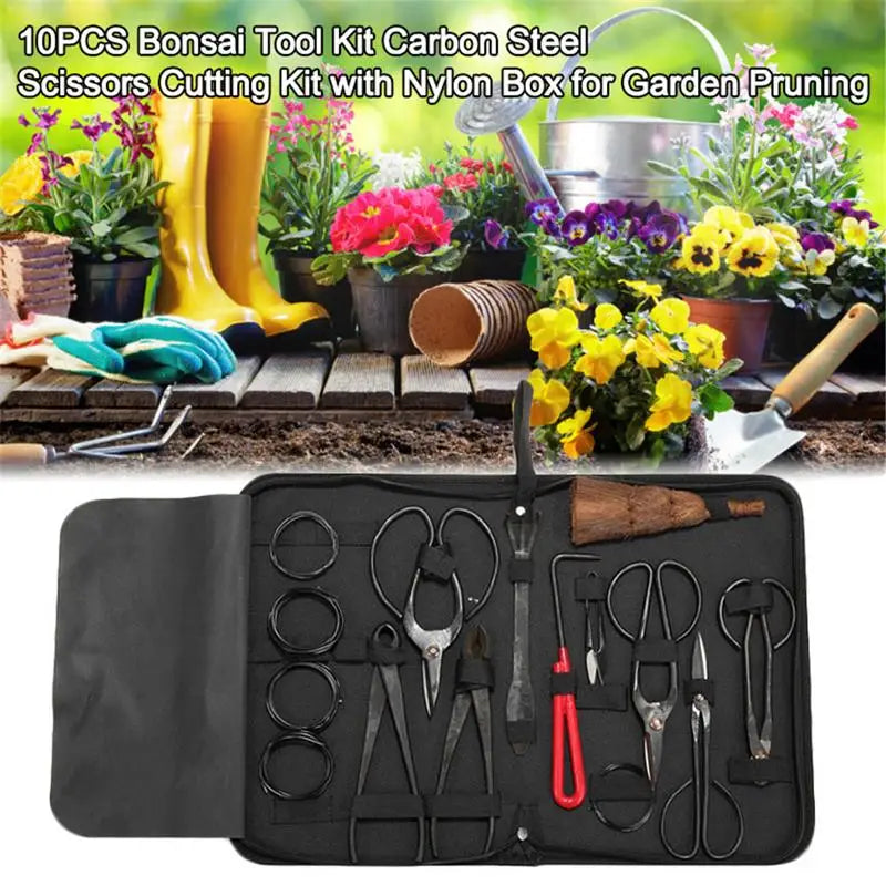 Bonsai Tool Set | Carbon Steel Multifunctional Scissors Kit | Garden Pruning and Styling Tools in Nylon Case | 10 Pieces