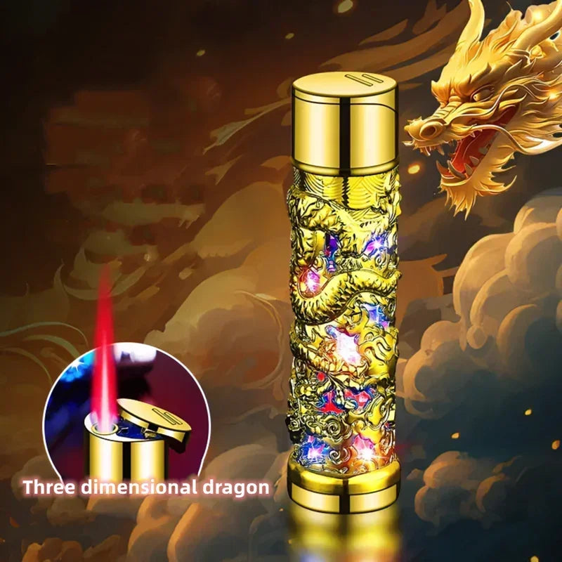 Metal 3D Relief Dragon Lighter - Windproof Butane Turbo Red Flame Lighter for Men & Women - Trendy Cigarette Accessories & Unique Gift