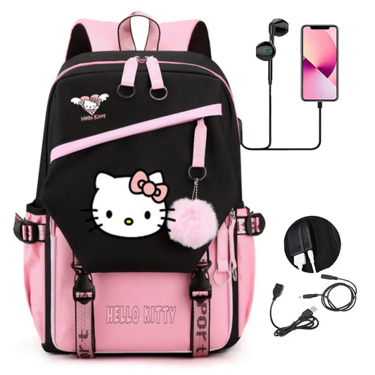 Hello Kitty USB Laptop Travel Backpack | High-Capacity Korean School Bag | Cute Patchwork Design for Students & Professionals