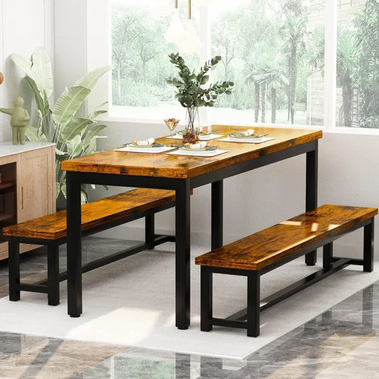 Industrial Brown Dining Table Set | Modern Kitchen Set with 2 Benches | 43.4" Dining Table for Home & Restaurant