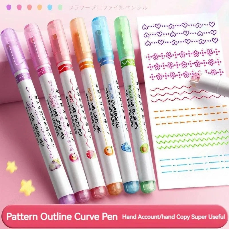 6-Piece Set Flower Line Shape Highlighter Pens | Kawaii Korean Style Roller Tip Markers | Perfect for School, Office & Gifts