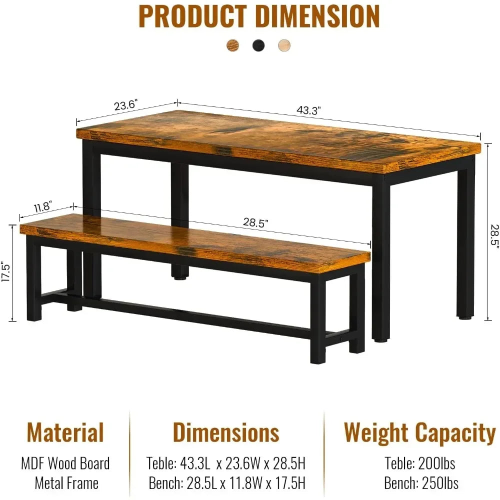 Industrial Brown Dining Table Set | Modern Kitchen Set with 2 Benches | 43.4" Dining Table for Home & Restaurant