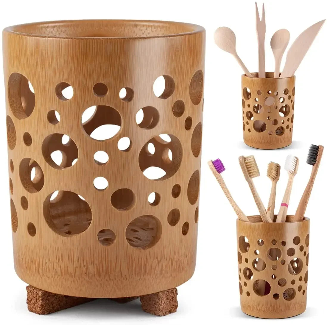 Bamboo Toothbrush Holder & Accessories - Eco-Friendly Circular Organizer for Brushes and Makeup