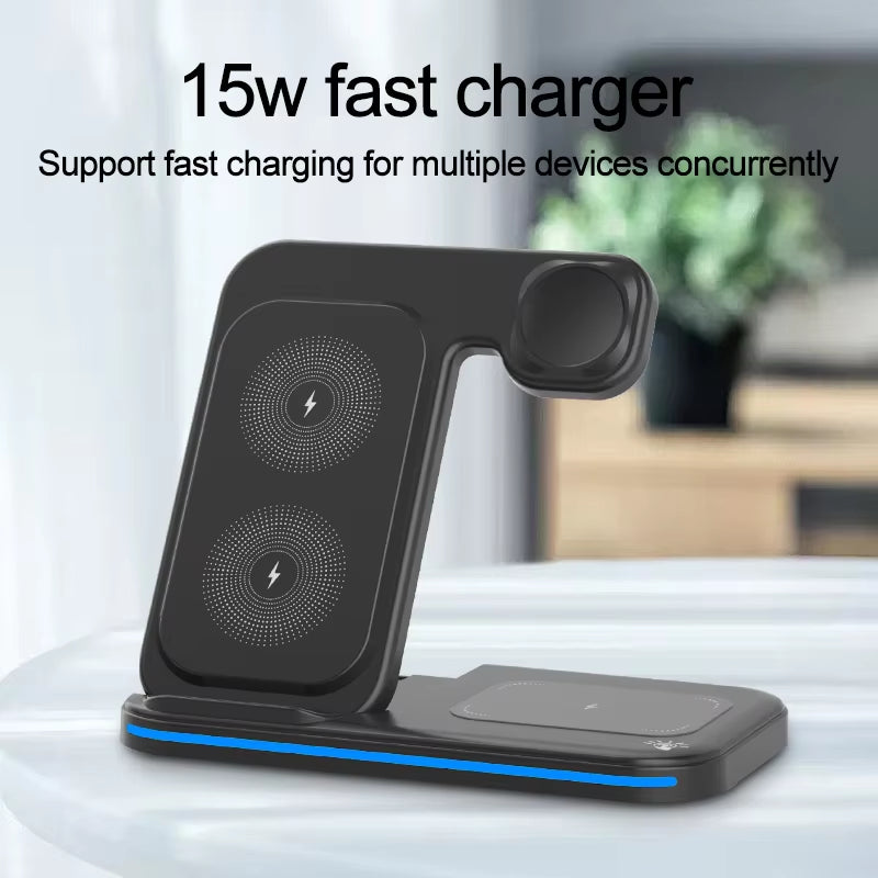 15W 3 in 1 Fast Charging Desktop Foldable Mobile Phone Universal Wireless Charger Stand Holder for Phone Airpod Iwatch