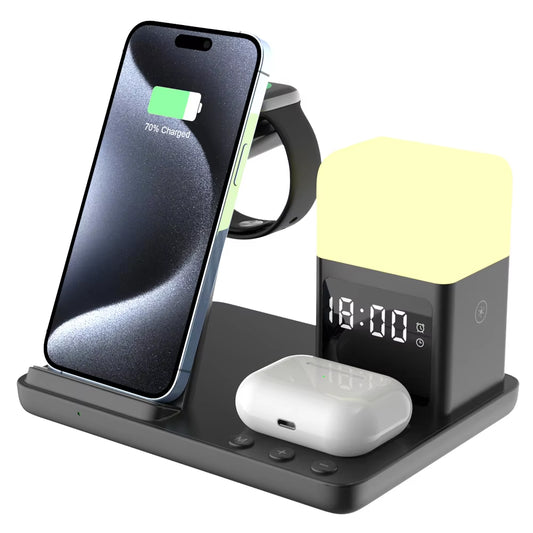 15W Wireless Charger Stand 6 in 1 Desktop Multifunctional Wireless Charger with Alarm Clock