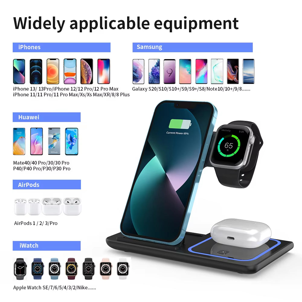 Foldable Portable 3-In-1 Wireless Phone Charging Stand 15W 10W Wireless Charger for Mobile Phone Smart Watch Earphones