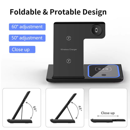 Foldable Portable 3-In-1 Wireless Phone Charging Stand 15W 10W Wireless Charger for Mobile Phone Smart Watch Earphones