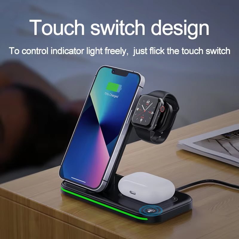 15W 3 in 1 Fast Charging Desktop Foldable Mobile Phone Universal Wireless Charger Stand Holder for Phone Airpod Iwatch