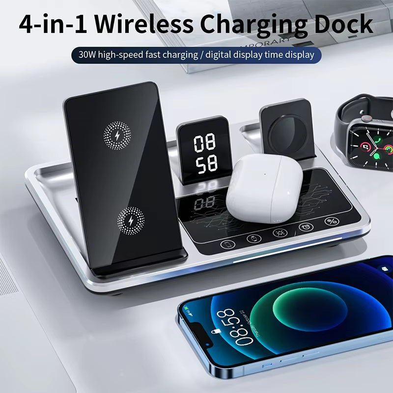 Multifunctional Foldable 4-In-1 Mobile Phones Wireless Charging Station Smart Touch Control Led Light Wireless Charger